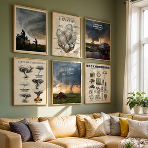 Könnte beinhalten: Sechs gerahmte Wandbilder in einem Raster an einer grünen Wand über einem beigen Sofa. Die Drucke zeigen Illustrationen und Fotos von Sturmbeobachtung, Tornadotypen, Kristallstrukturen und Ausrüstung für die Gesteinssuche mit Text.