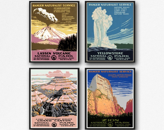 Set of 4 National Park Posters from late 1930s Yellowstone Lassen Volcanic Grand Canyon and Zion National Parks WPA Posters 1 Free