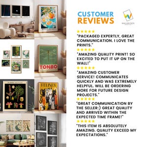 May include: Customer reviews for art prints. The reviews highlight the quality of the prints, the excellent customer service, and the fast shipping times. The reviews include text such as "Packaged expertly, great communication. I love the prints." and "Amazing quality print! So excited to put it up on the wall!"