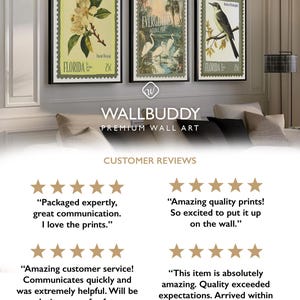 May include: Three framed art prints with vintage postage stamp designs. The prints depict a magnolia flower, egrets in a swamp, and a bird on a branch. The frames are black. The prints are for wall art.