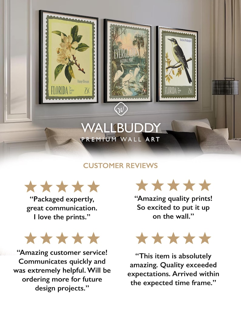 May include: Three framed art prints with vintage postage stamp designs. The prints depict a magnolia flower, egrets in a swamp, and a bird on a branch. The frames are black. The prints are for wall art.