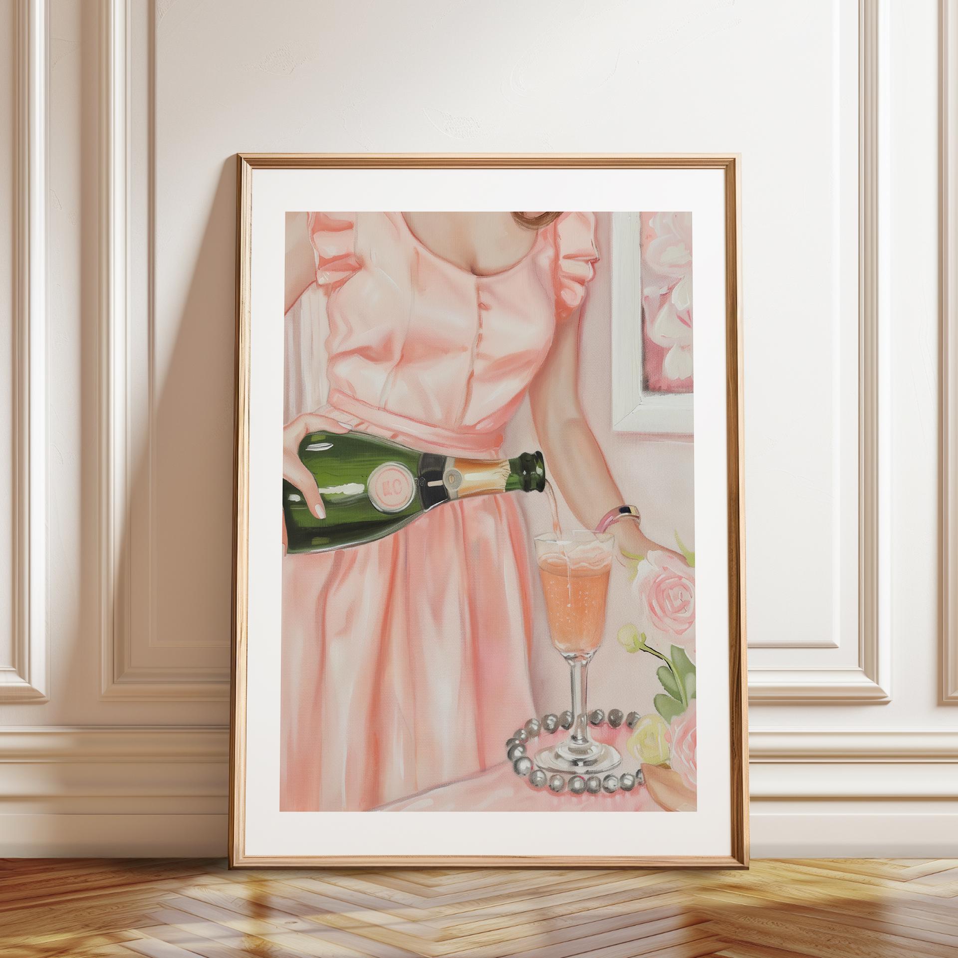 Champagne Toast Art Print: Elegant Woman in Pink Dress