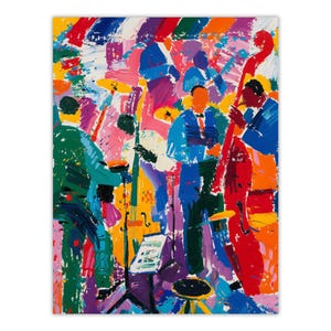 May include: A vibrant, abstract painting depicting a jazz band with musicians playing a double bass, drums, and other instruments. The scene is rendered in bold, expressive brushstrokes of red, blue, green, yellow, and orange, capturing a lively musical performance.