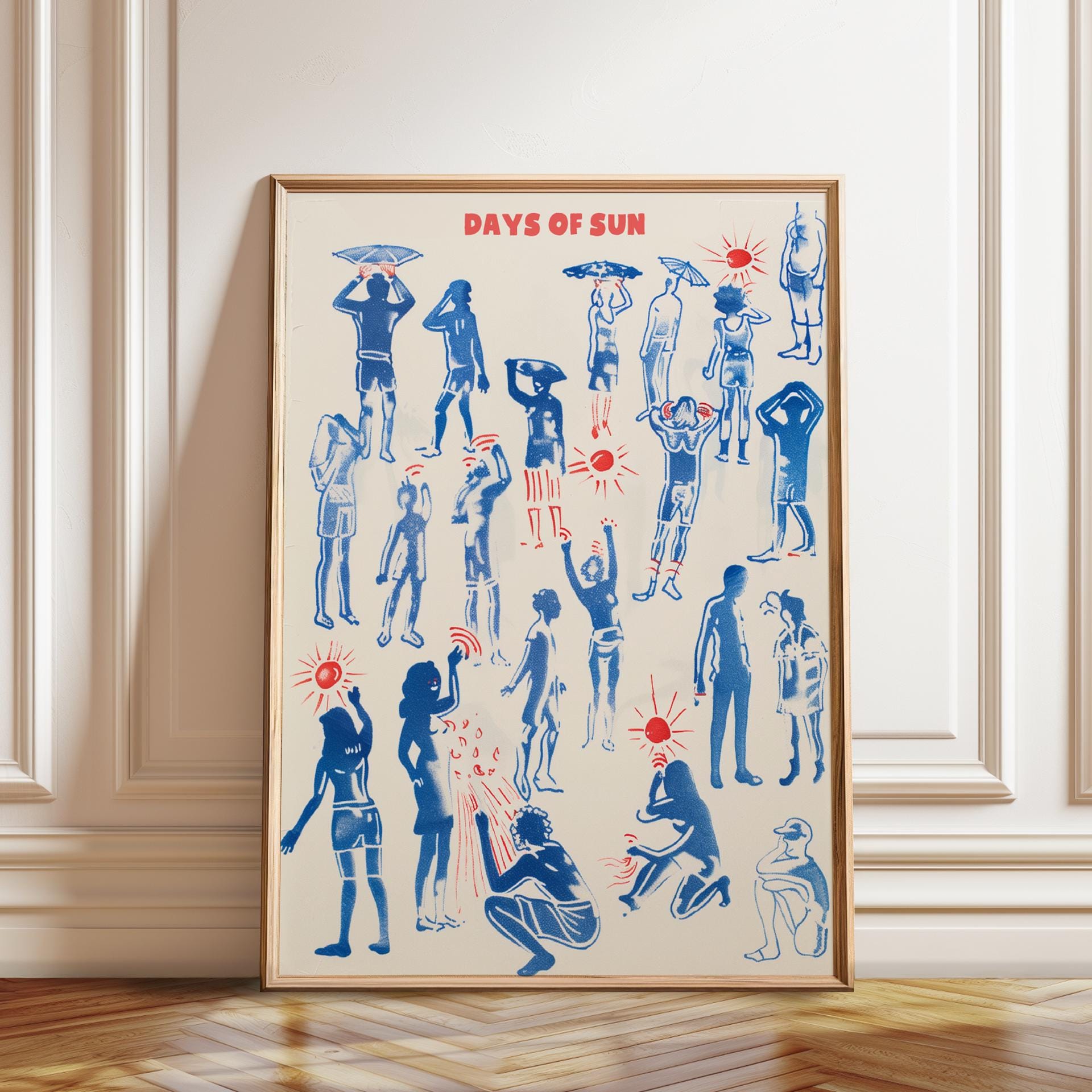 French Risograph Style Art Poster: Blue & Red Sun Print