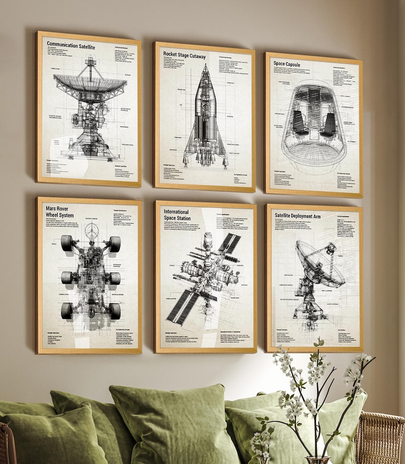 Puede incluir: Un conjunto de seis l&aacute;minas de pared enmarcadas con planos t&eacute;cnicos en blanco y negro de tecnolog&iacute;a espacial, incluyendo un sat&eacute;lite de comunicaciones, una etapa de cohete, una c&aacute;psula espacial, un rover de Marte, una estaci&oacute;n espacial y un brazo.