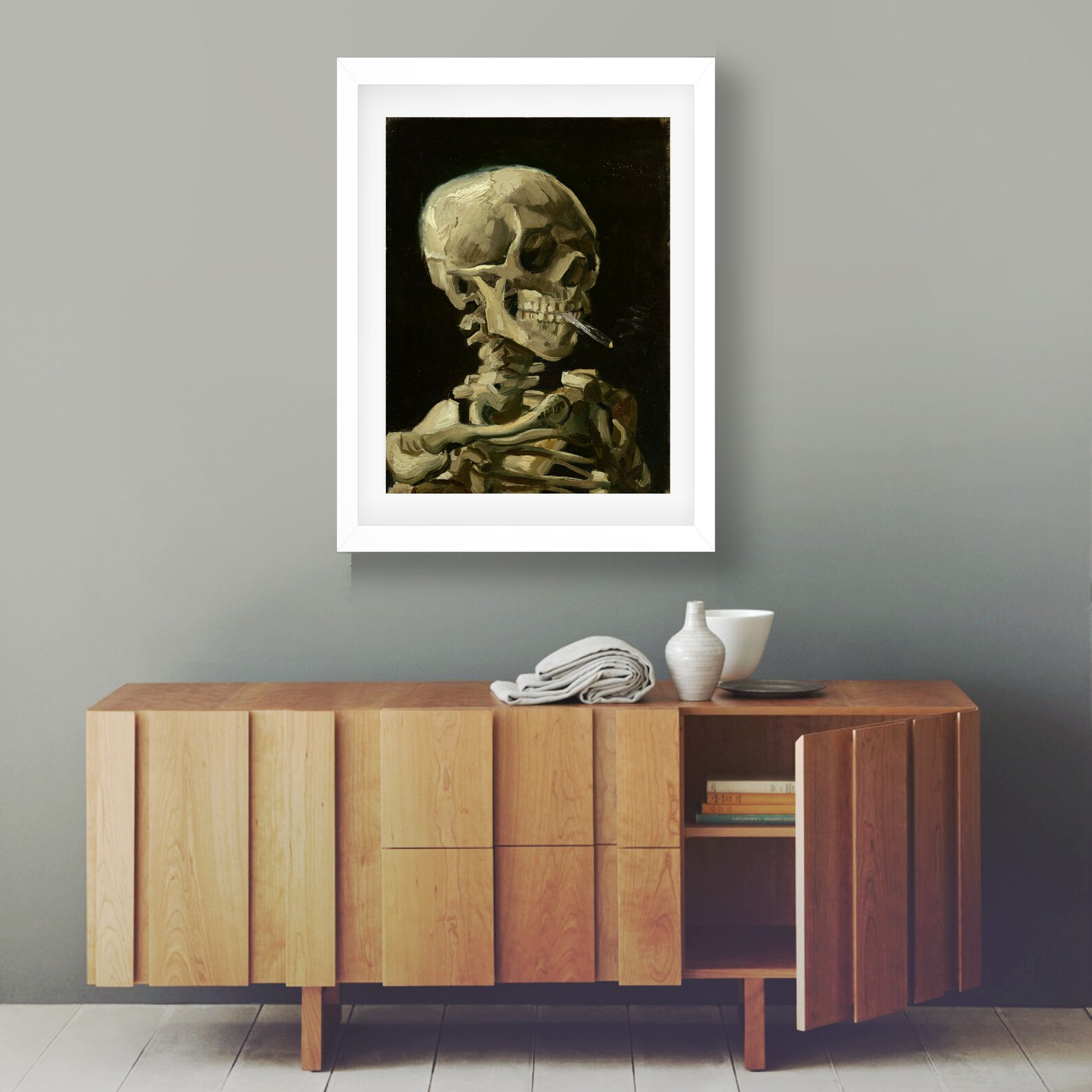 Modern Oil Painting Skull of Skeleton With Burning Cigarette | Etsy