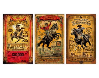 Vintage Rodeo Poster Set: Western Cowboy Wall Art Prints