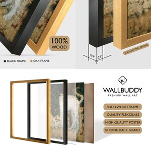 Pode incluir: Um conjunto de arte de parede com molduras de madeira preta e carvalho, com 2,3 cm de profundidade e 1,5 cm de perfil. Inclui moldura de madeira maci&ccedil;a, plexiglas, um poster e painel traseiro, marca WALLBUDDY Premium Wall Art.