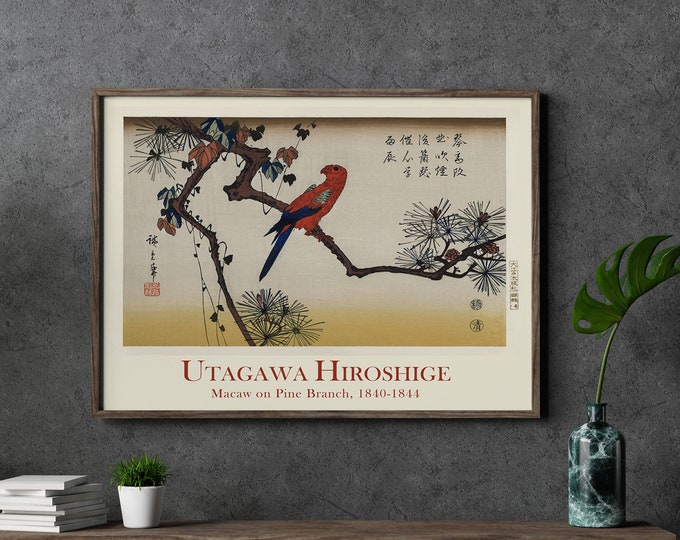 Woodblock Print by Utagawa Hiroshige Print Japanese Wall Art Macaw on Pine Captivating Wall Illustration Colorful Wall Decor