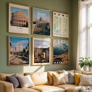 May include: Six framed wall art prints arranged in a grid on a sage green wall. The prints feature the Colosseum, St. Peter's Basilica, a map of Rome, Piazza di Spagna, the Roman Forum, and Mount Rainier, each with its respective name in bold text.