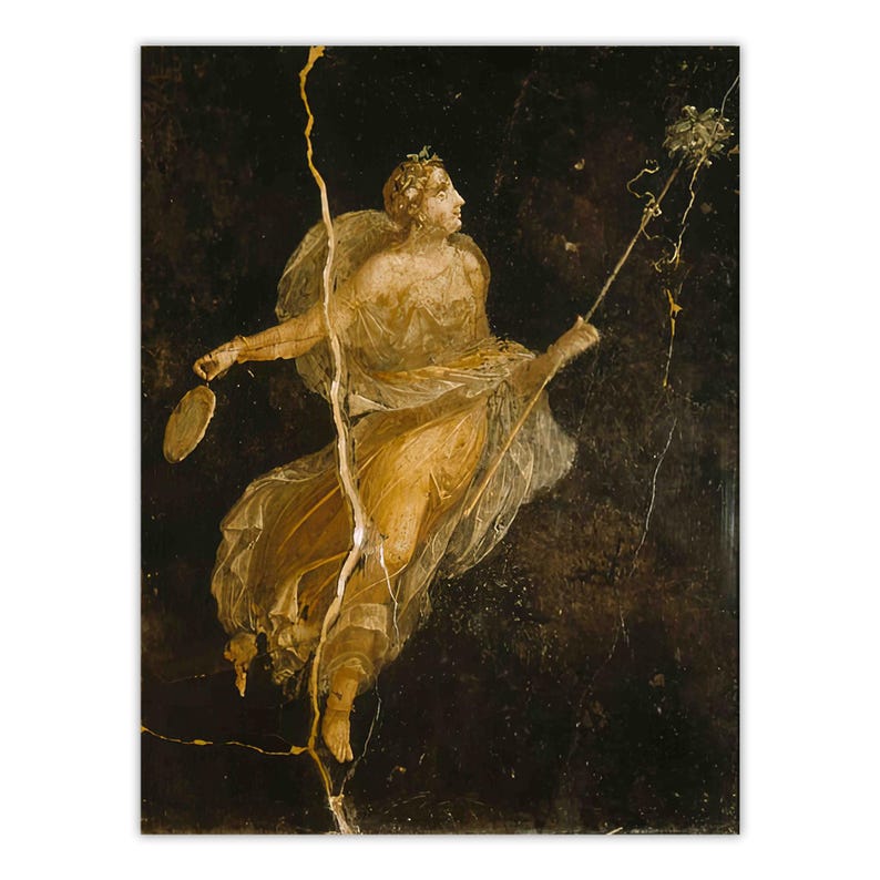 May include: A wall painting featuring a figure in flowing yellow and white robes against a dark background. The figure holds a long staff with a floral top and a circular object in the other hand. A prominent vertical crack runs through the artwork.