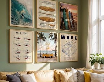 Surfing Set of 6 Decor Posters | Wave Anatomy Prints | Retro Beach Wall Art