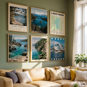 May include: Six framed vertical wall art prints displayed in a grid on a sage green wall. The prints feature scenic photography and maps of Lake Tahoe and Mount Tallac, with clear text labels identifying each location in a clean, modern font style.