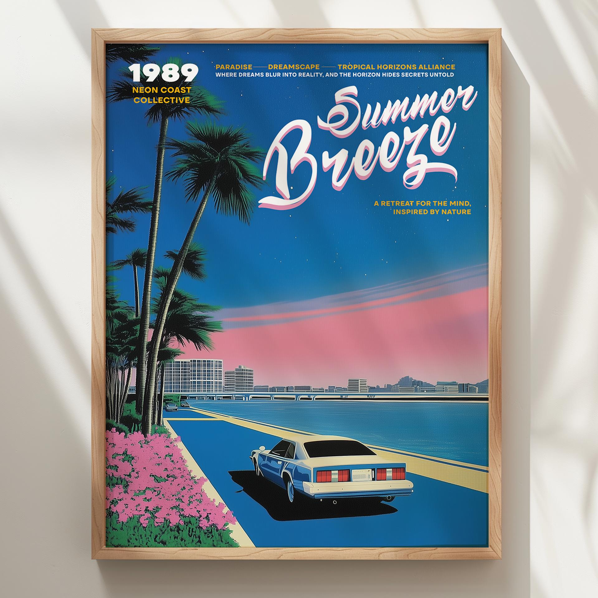 Neon Miami Sunset Poster, Retro 80s Coastal Drive Art Print With