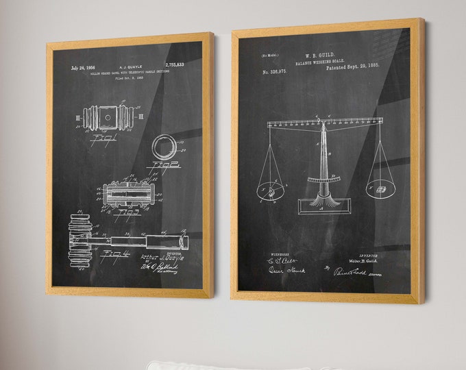Justice Served: Law Patent Prints - Scale of Justice & Gavel Poster Set of 2, Ideal for Lawyers' Offices and Legal Enthusiasts - WB388-389