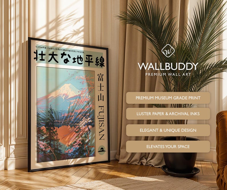 May include: A framed wall art print featuring a stylised illustration of Mount Fuji with a lake and pine trees in the foreground. The print includes Japanese text at the top and the words "FUJISAN" vertically on the right side in a black frame.