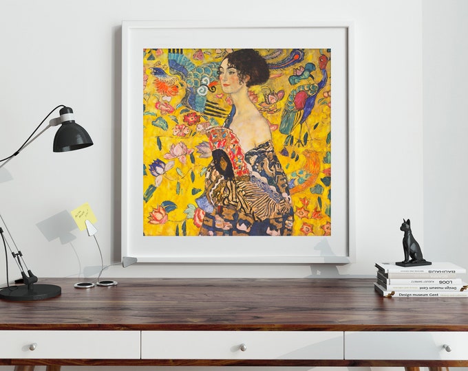 Gustav Klimt's Lady with Fan - Colorful Traditional Painting - Exquisite Klimt Poster for Timeless Square Wall Art Colorful Traditional Art