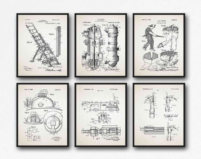 Fire Fighter Patent Prints Set of 6 Fireman Posters Fire Safety Signs