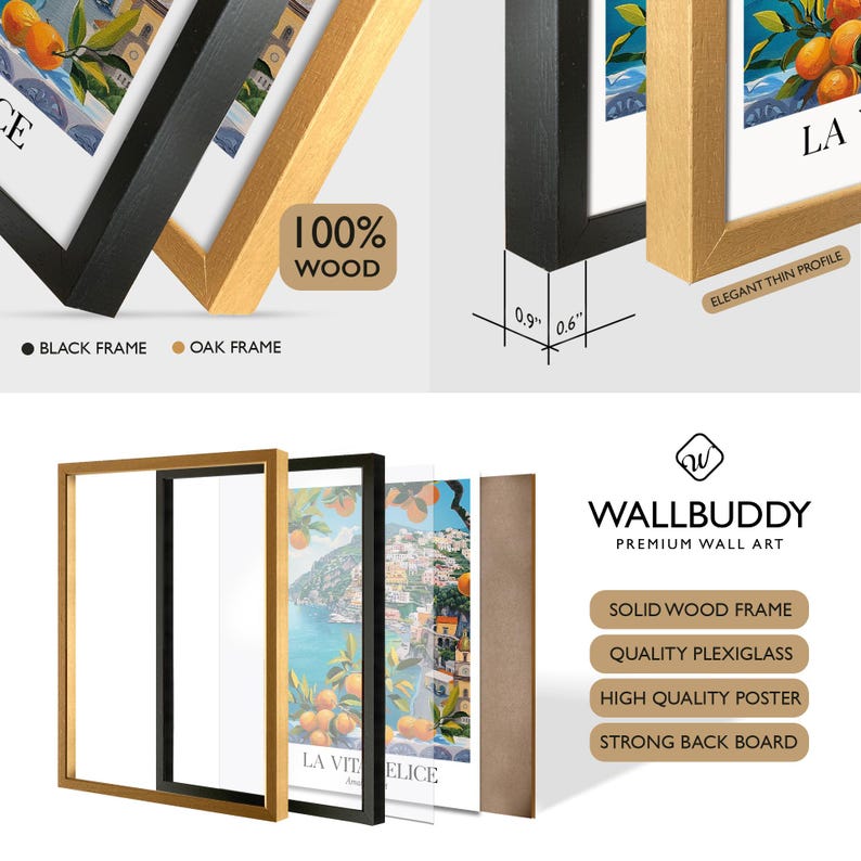 Peut inclure: Un ensemble d'art mural comprenant un cadre en bois massif noir ou ch&ecirc;ne, du plexiglas, une affiche illustrant un paysage c&ocirc;tier avec des oranges et le texte LA VITA FELICE, et un panneau arri&egrave;re. Le profil du cadre mesure 2,3 cm sur 1,5 cm.