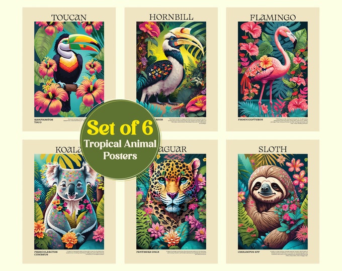Rainforest Animals Set of 6 Posters  - Colorful Jungle Artwork Prints for Tropical Home and Office Decor - Captivating Kids Playroom Decor