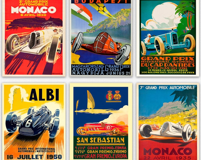 Vintage Grand Prix Set of 6 Vintage Racing Car Posters