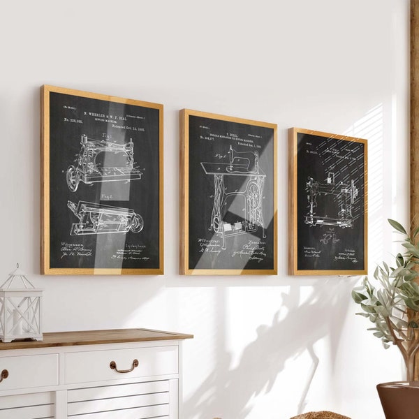 Couture élégante : lot de 3 affiches de brevets pour machines à coudre - Décoration murale parfaite pour les couturières et les passionnées de couture - WB471-473