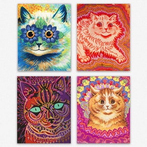 Lot de 4 affiches de chats psychédéliques de Louis Wain - Délice fantaisiste : impressions de chats psychédéliques de Louis Wain - Lot de 4 affiches de chats vibrants