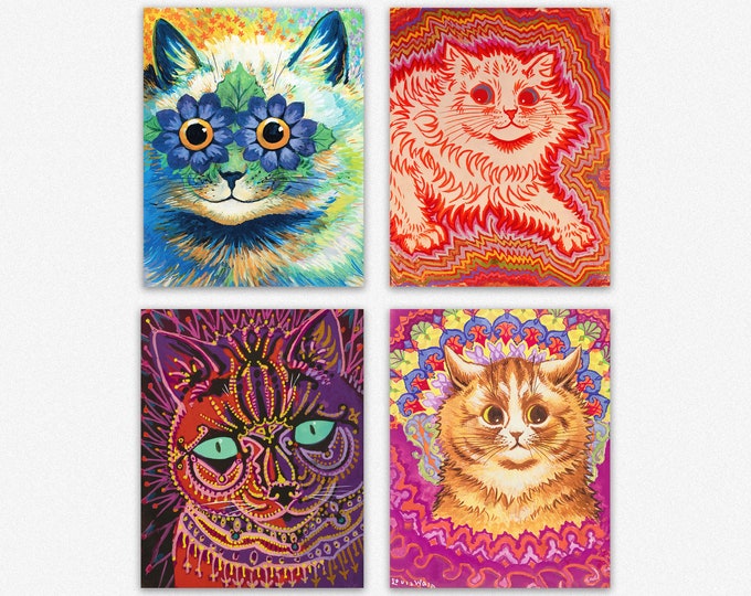 Louis Wain Psychedelic Cat Prints Set of 4 Cat Posters Whimsical Delight: Louis Wain Psychedelic Cat Prints - Set of 4 Vibrant Cat Posters