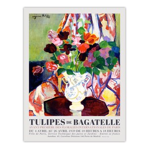May include: A poster titled TULIPES DE BAGATELLE featuring a painting of a white vase with blue floral patterns filled with a colorful bouquet of red, orange, pink, and purple tulips and green leaves against a draped fabric background.