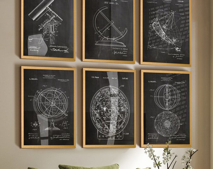 Astronomy Equipment Inventions Set of 6 Wall Decor - Telescope, Astronomical Globe, Radio Telescope, and Clock Time Sundial Patent Posters
