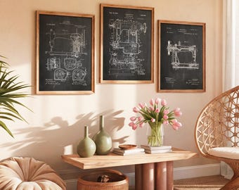 Sewing Machine Patent Art Prints (Set of 3): Vintage Seamstress Decor