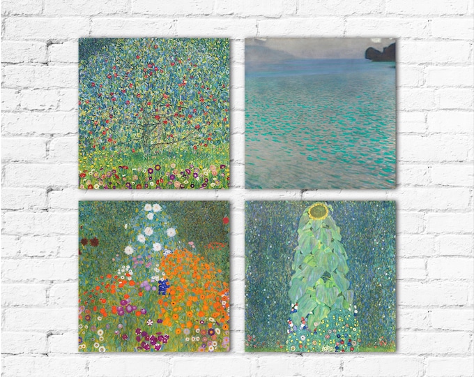 Gustav Klimt Paintings set of 4 Square Wall Art Prints Gustav Klimt Paintings Prints for Modern Wall Art Decor Green Art Wall Decor for Home