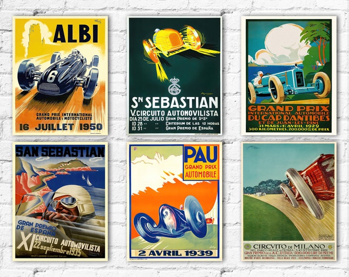 Vintage Grand Prix Poster Collection Set of 6 Striking Formula Car Prints - Classic Car Posters for Racing Enthusiasts World of Grand Prix