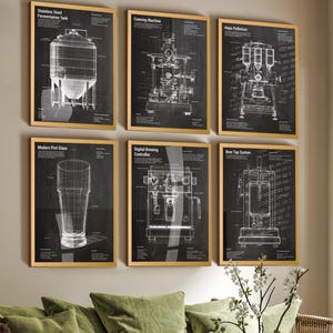 Modern Beer Technology Patent Art Prints: decor brouwen blauwdruk set van 6 inch