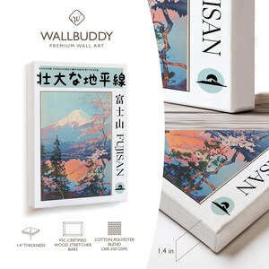 May include: A rectangular canvas wall art print featuring a landscape illustration of Mount Fuji with cherry blossoms, pink and blue tones, and Japanese text. The canvas has a 1.4 inch thickness, FSC-certified wood stretcher bars, and cotton-polyester blend.