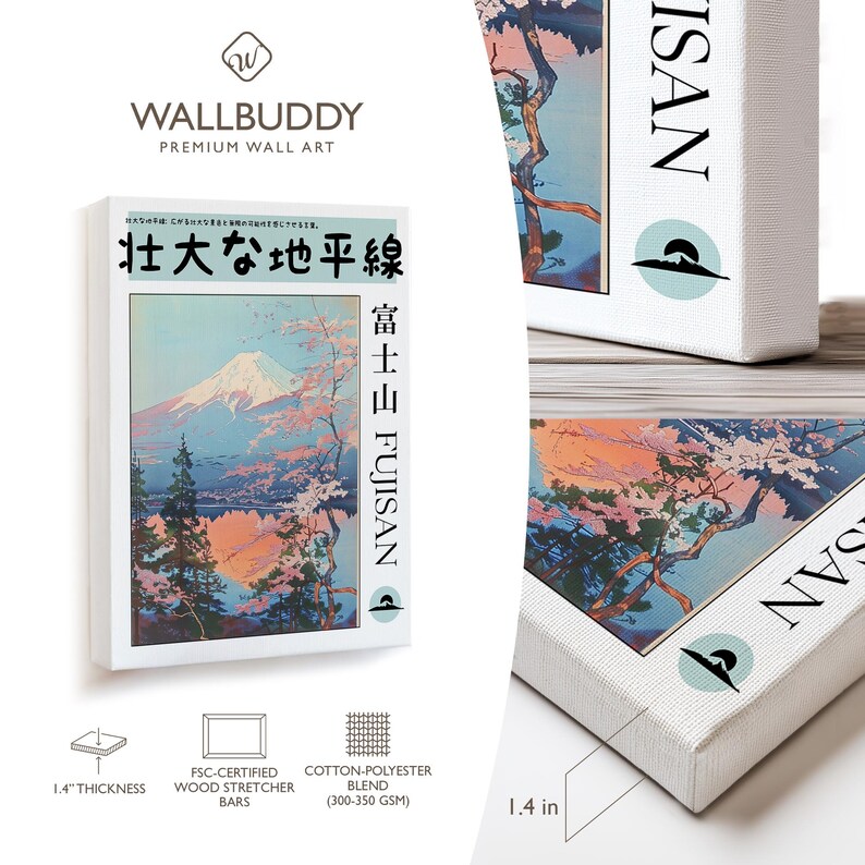 May include: A rectangular canvas wall art print featuring a landscape illustration of Mount Fuji with cherry blossoms, pink and blue tones, and Japanese text. The canvas has a 1.4 inch thickness, FSC-certified wood stretcher bars, and cotton-polyester blend.