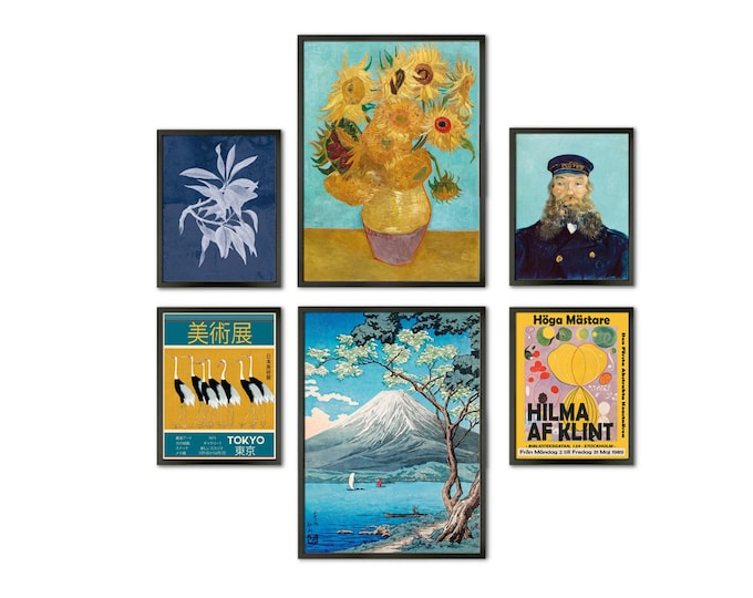Whimsical Reverie: Blue Themed Gallery Wall Art Set of Framed Woodblock Paintings - Van Gogh and Hilma Floral Inspired Gallery