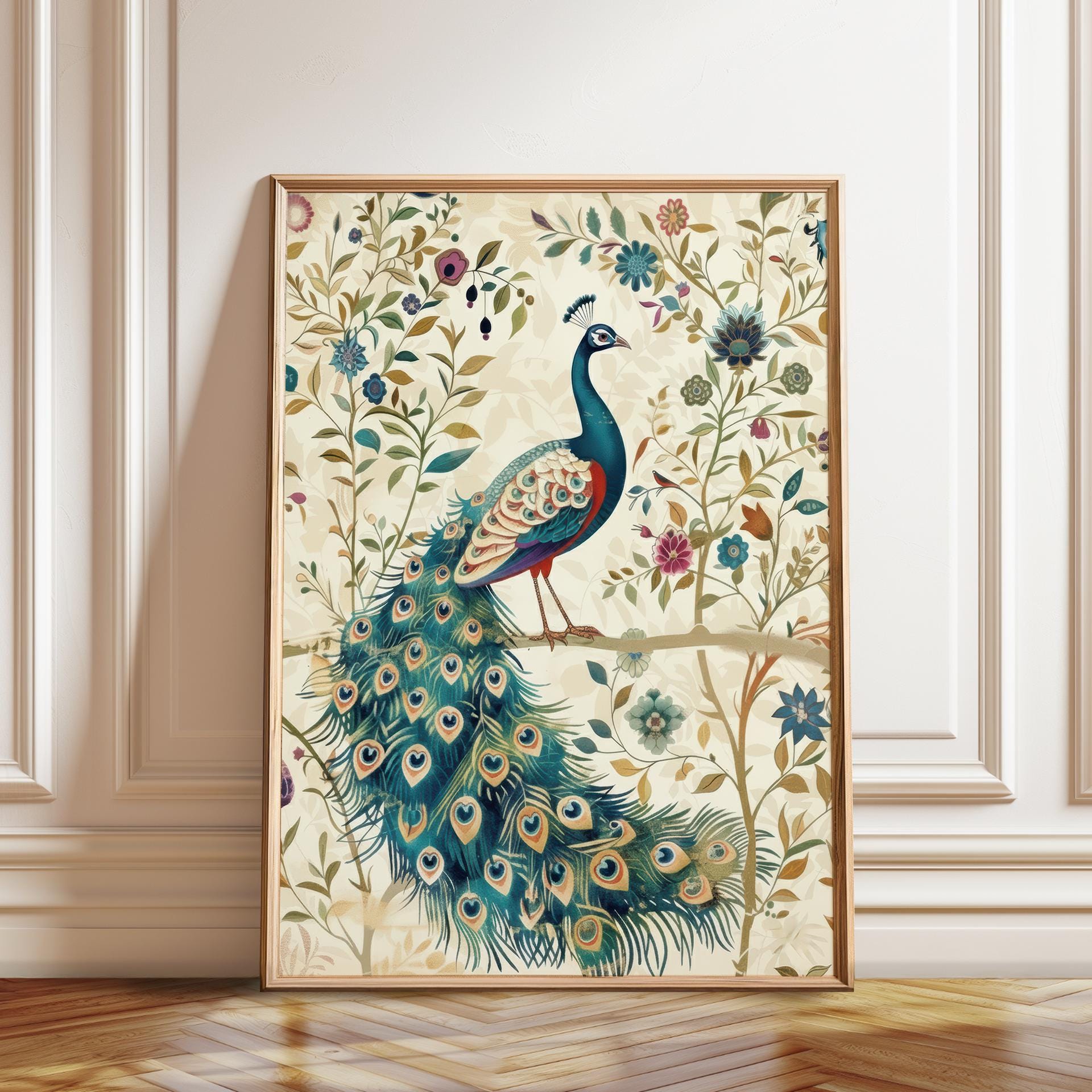 インド孔雀のアートプリント：植物の鳥のイラスト、華やかな壁飾り