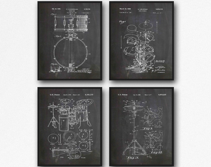 Drum Kit Decor Drum Print Set of 4 Drum Invention Posters WB459-464