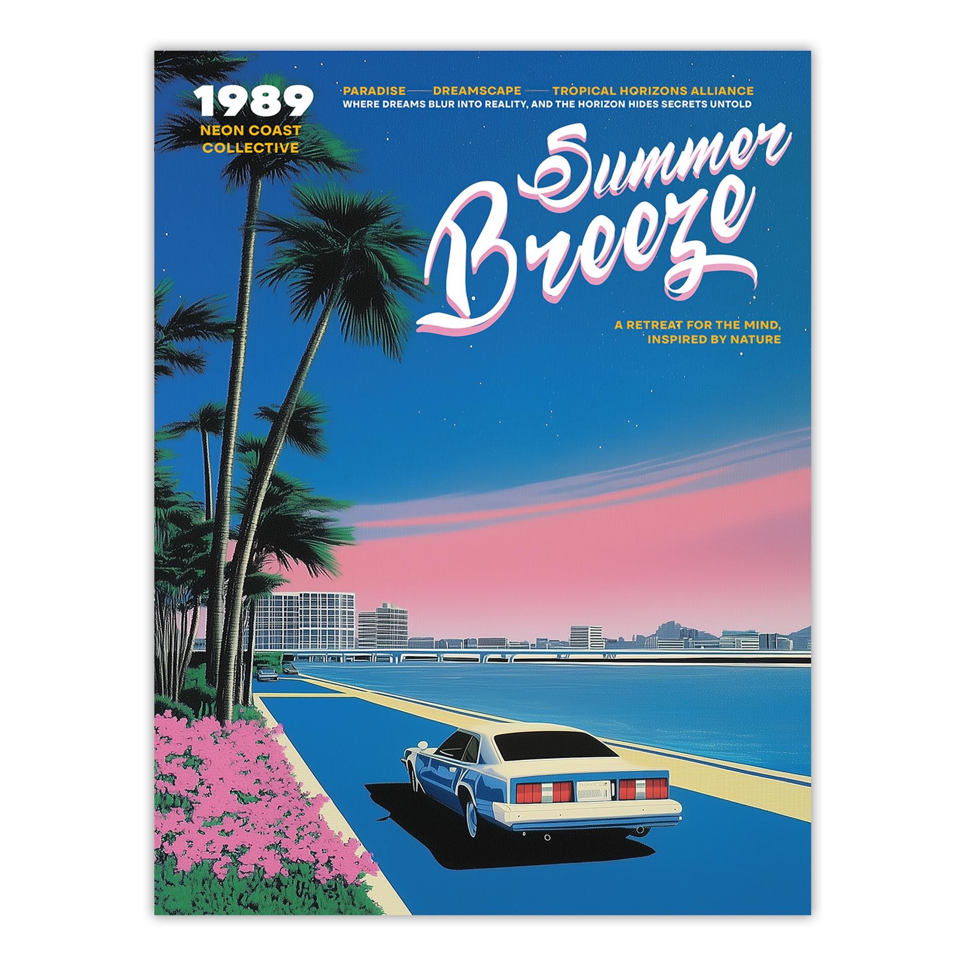Neon Miami Sunset Poster, Retro 80s Coastal Drive Art Print With
