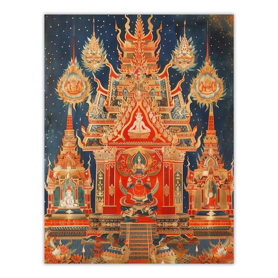 タイ寺院のアートプリント：伝統的な仏教の赤と金のポスター - Etsy 日本