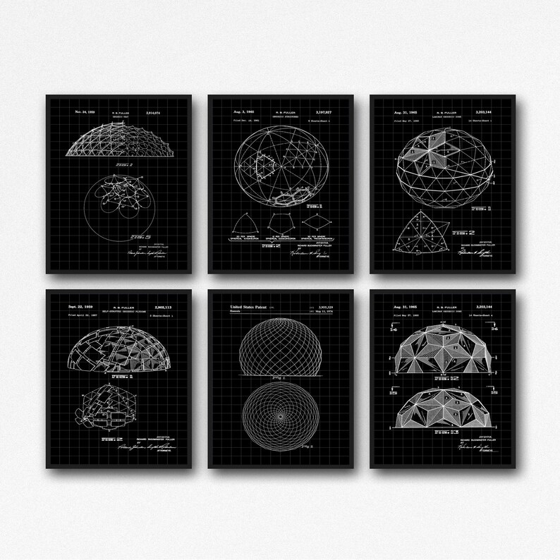 Puede incluir: Un conjunto de seis impresiones de patentes en blanco y negro con dibujos t&eacute;cnicos de estructuras de c&uacute;pulas geod&eacute;sicas. Cada impresi&oacute;n muestra l&iacute;neas de cuadr&iacute;cula blancas, diagramas geom&eacute;tricos, n&uacute;meros de patente y texto sobre un fondo negro, exhibiendo dise&ntilde;os arquitect&oacute;nicos.