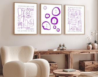 Purple Abstract Motivational Quotes Posters - Set of 3 Abstract Drawings - Daily Inspirational Wall Art