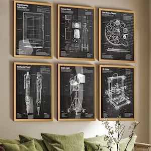 May include: Six framed prints with technical illustrations. Subjects include a tablet stylus, camera setup, color mixing palette, mechanical pencil, studio light, and 3D printer. Each print has a black background and a light-colored wooden frame.