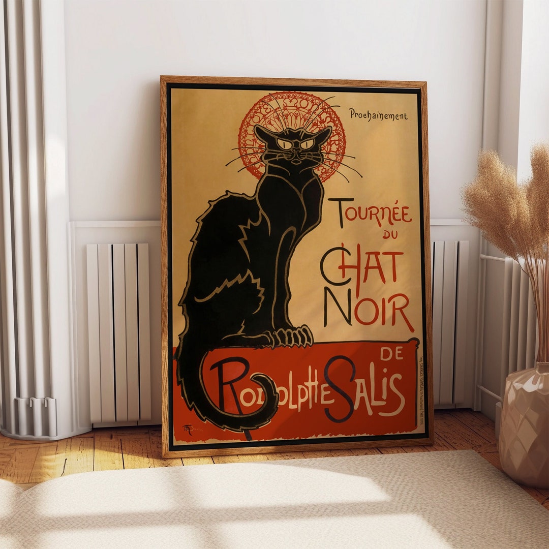 Poster Chat Noir "Bonjour Mon Amour" - Impression Sur Toile 20x30 Cm - Style Rétro - Sans Cadre - Décoration Murale Salon, Chambre