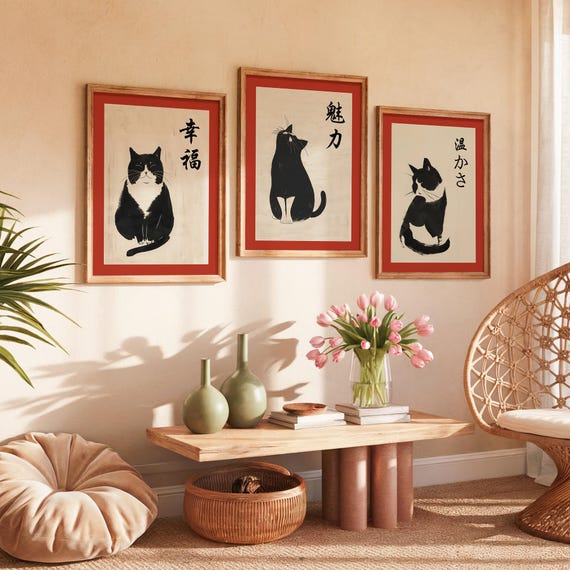 日本の猫のアートプリント：墨絵水墨画「猫」 - 3枚セット - Etsy 日本