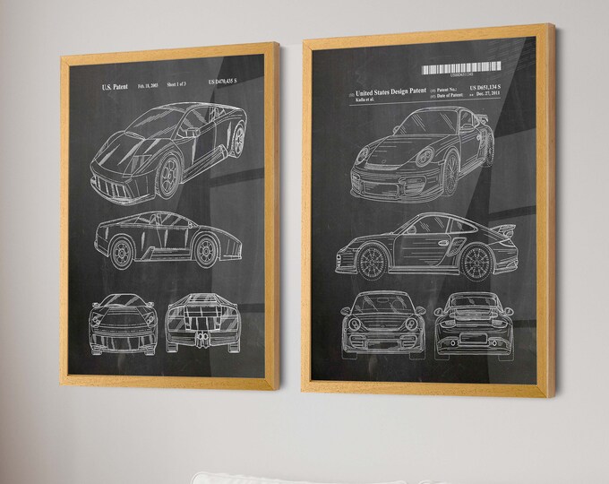 Rev Up Your Walls with Sports Car Patent Poster Art - Set of 2 Car Prints for Auto Enthusiasts & Garage Decor - Men's Gift Ideas - WB337-338