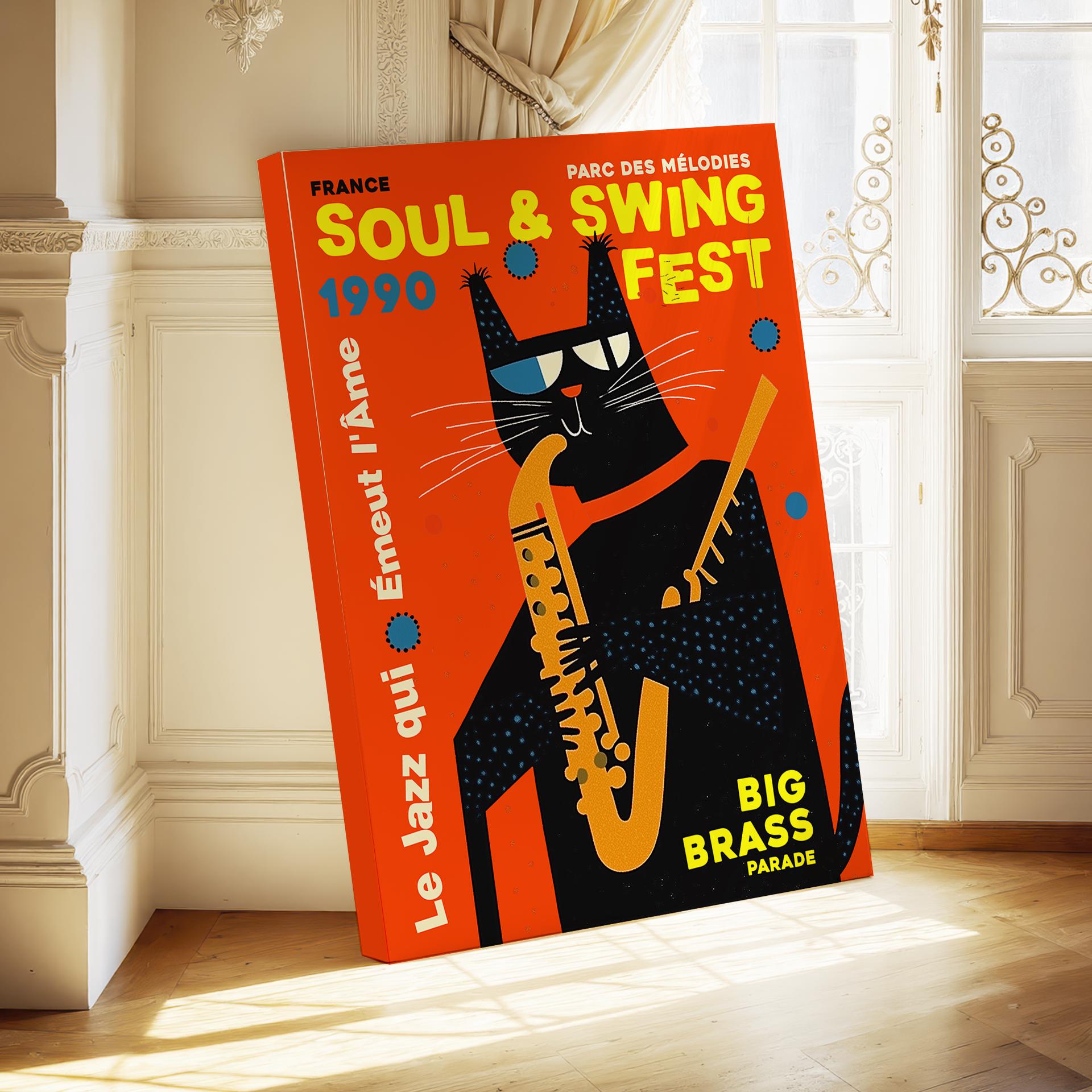 Jazz Cat Saxophone Poster, Retro Soul & Swing Festival Print
