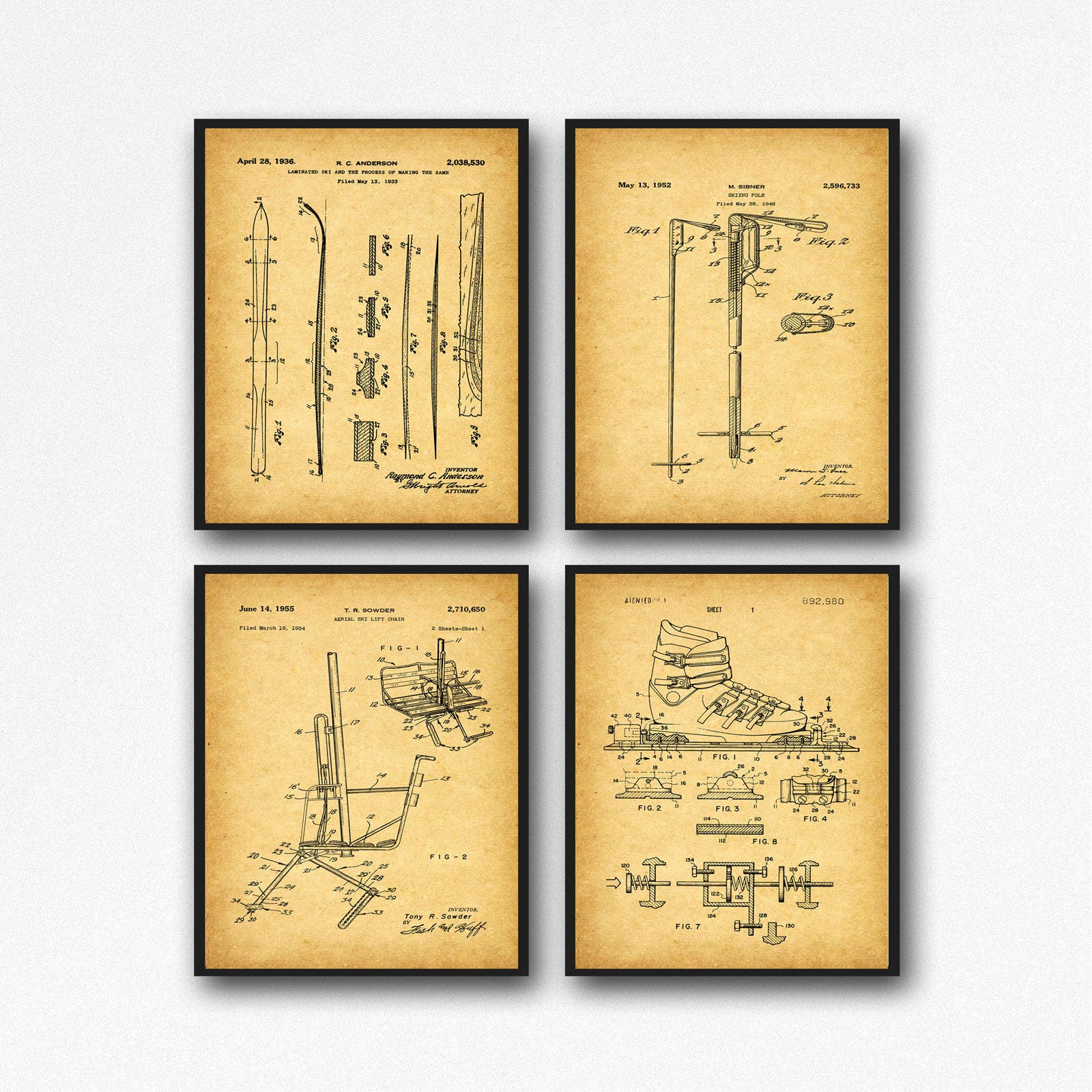 Set Of 4 Ski Patent Posters Ski Cabin Decor Ski Wall Art Skiing
