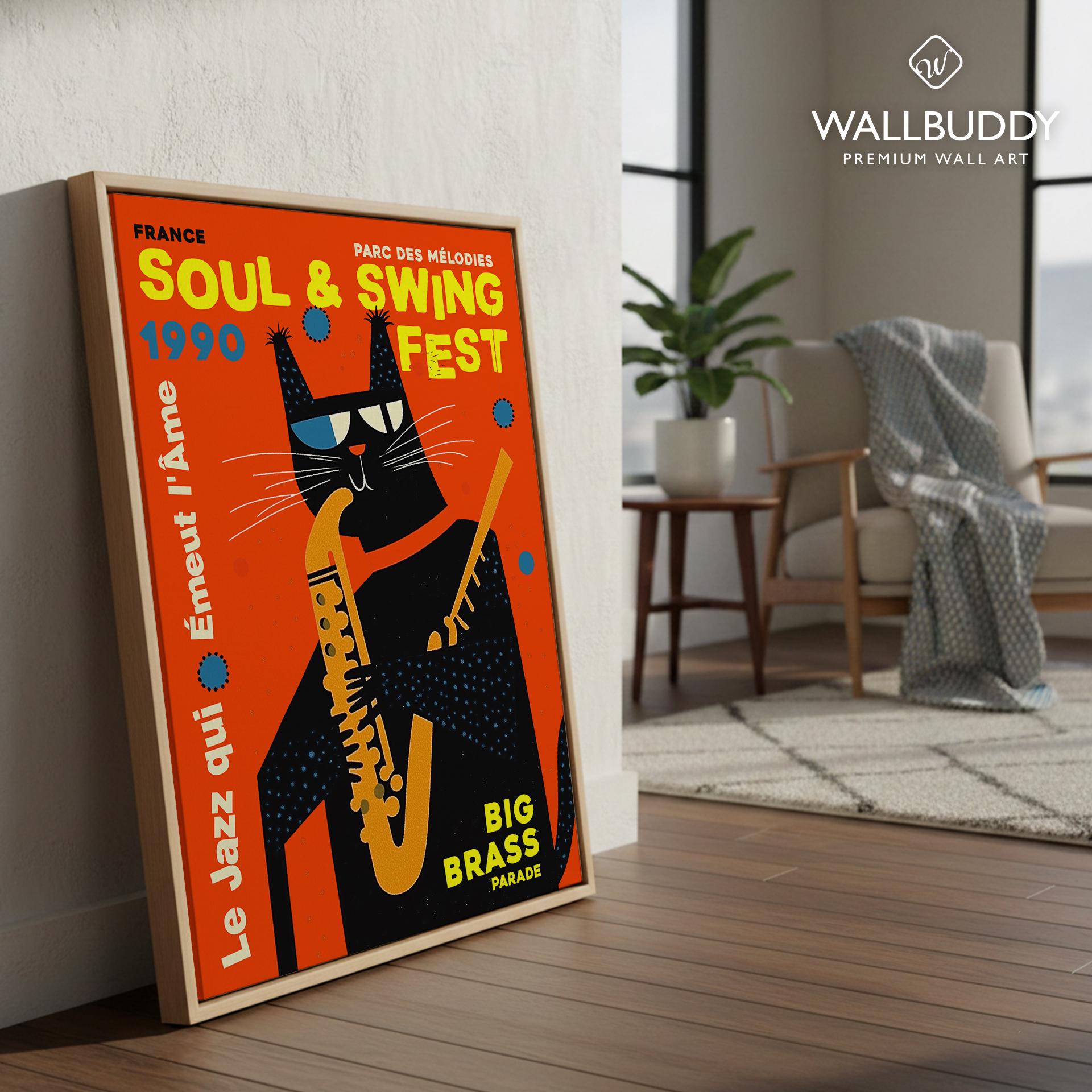Jazz Cat Saxophone Poster, Retro Soul & Swing Festival Print
